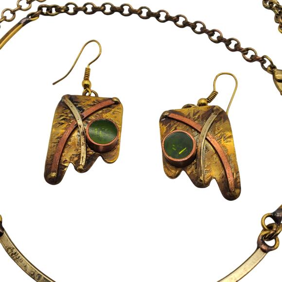 Modernist Artisan Confetti Pendant Necklace Earrings Set Mixed Metals Abstract - Picture 5 of 14